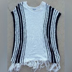 Charlotte Russe White and Black Striped Soft Knit Poncho Fringe Hem Size Small